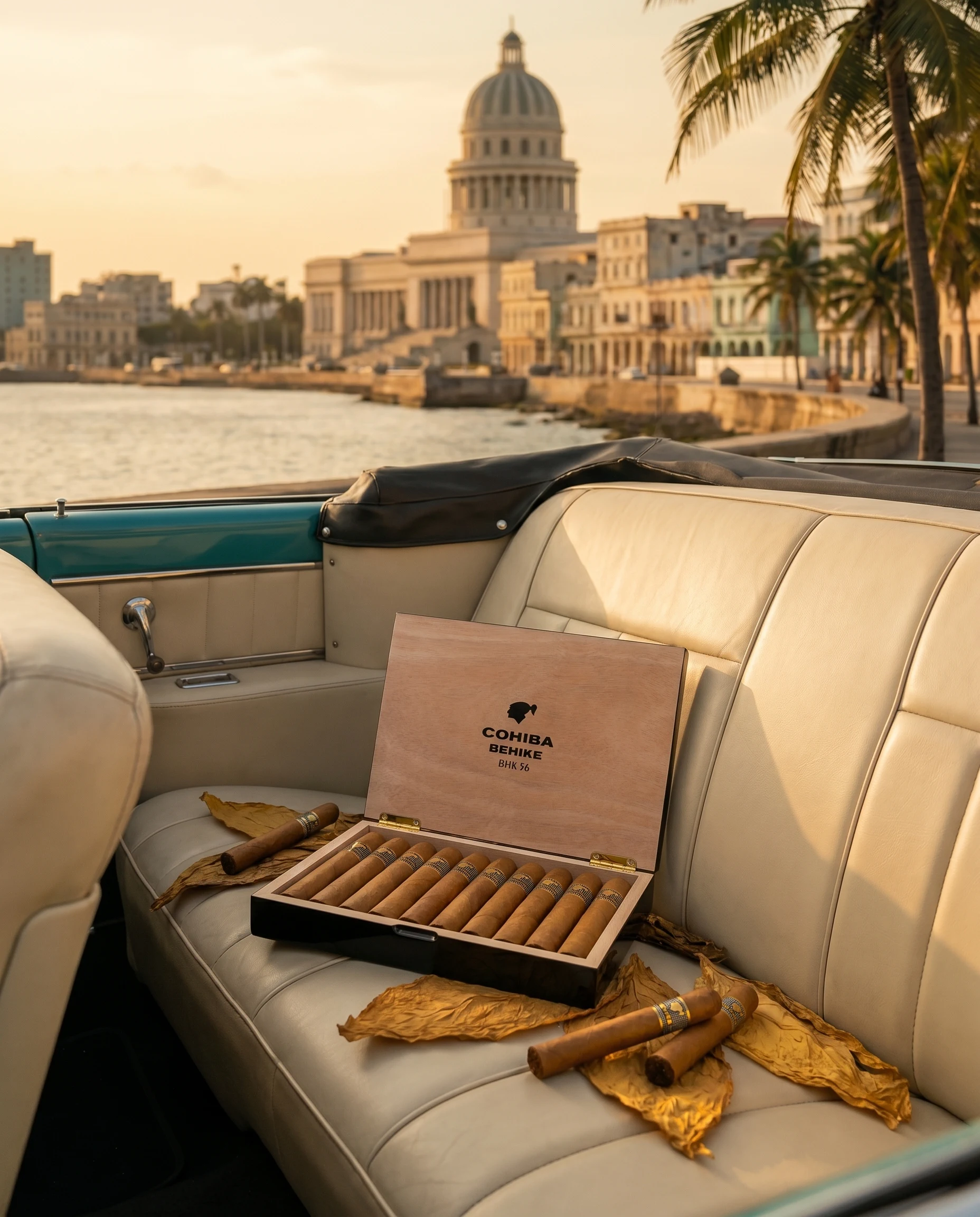 Classic car on the Havana Malecón with an open Cohiba cigar box at golden hour